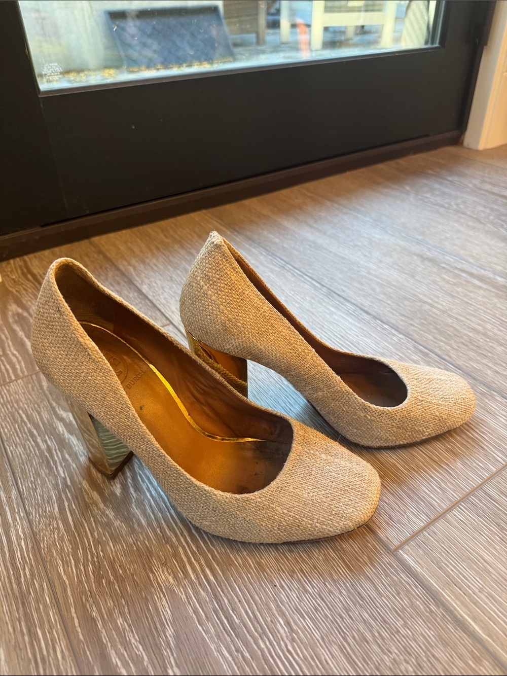 Tory Burch Beige Textured Block Heel Pumps